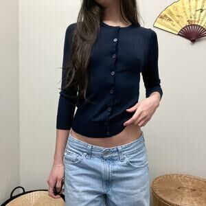navy blue knit 3/4 sleeve minimalist basic fitted button cardigan sweater top